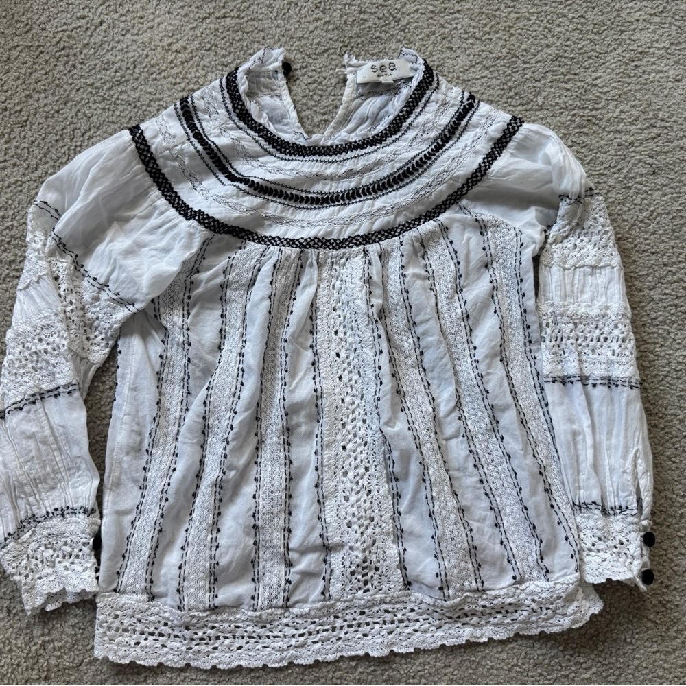 Sea New York Cotton White Eyelet Lace Blouse Embroidered Cotton Top Size 4 Boho